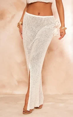 Clearance PrettyLittleThing Crochet Knit Floral Aplique Maxi Skirt Cream