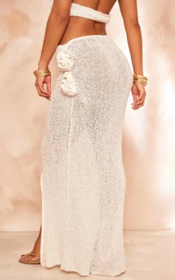 Clearance PrettyLittleThing Crochet Knit Floral Aplique Maxi Skirt Cream