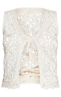 New PrettyLittleThing Crochet Knit Tie Front Vest Cream