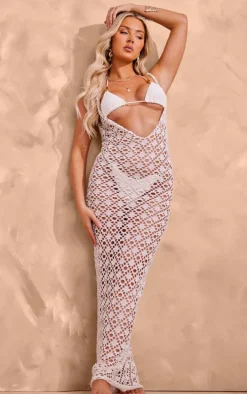 Cream Crochet Maxi Backless Beach Dress