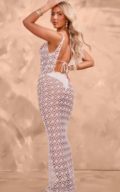 Cream Crochet Maxi Backless Beach Dress