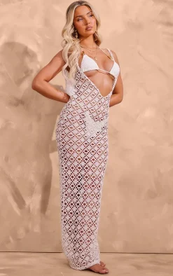 Cream Crochet Maxi Backless Beach Dress