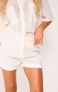 New PrettyLittleThing Crochet Net Turn Up Hem Runner Shorts Cream