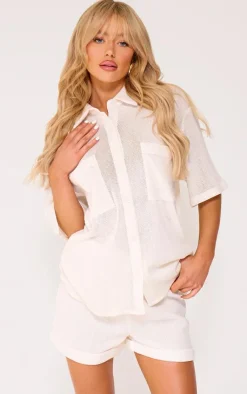New PrettyLittleThing Crochet Net Turn Up Hem Runner Shorts Cream