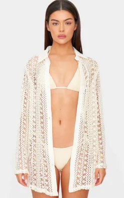 Cream Crochet Oversized Beach Shirt