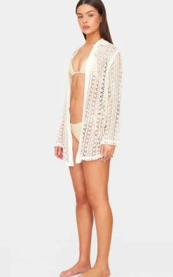 Cream Crochet Oversized Beach Shirt