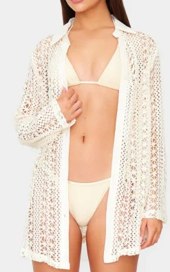 Cream Crochet Oversized Beach Shirt