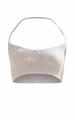 Online PrettyLittleThing Crochet Plain Knit Halterneck Crop Top Cream