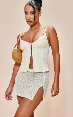Cream Crochet Rib Split Hem Micro Mini Skirt