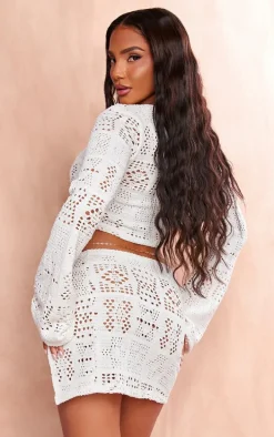 Cream Crochet Tie Front Beach Top And Mini Beach Skirt Set