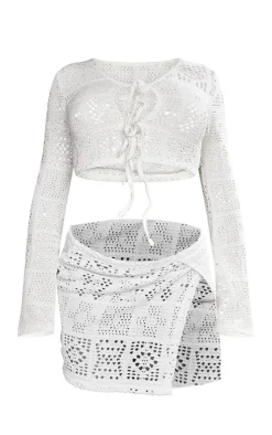 Cream Crochet Tie Front Beach Top And Mini Beach Skirt Set