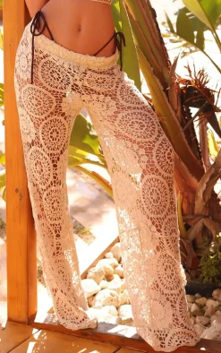 Cream Crochet Wide Leg Beach Pants