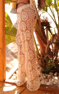 Cream Crochet Wide Leg Beach Pants