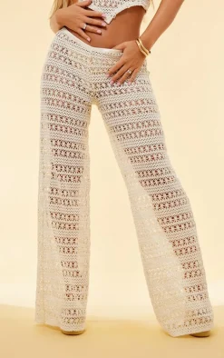 Cream Crochet Wide Leg Dipped Hem Beach Pants