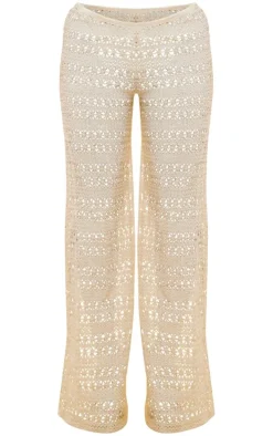 Cream Crochet Wide Leg Dipped Hem Beach Pants