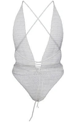 Cream Crochet Wrap Detail Plunge Swimsuit