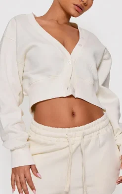 Cream Cropped Button Front Sweatshirt