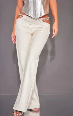 Cream Diamante Trim Faux Leather Low Rise Flares