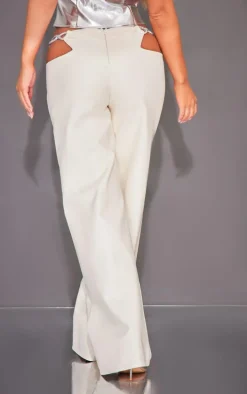 Cream Diamante Trim Faux Leather Low Rise Flares
