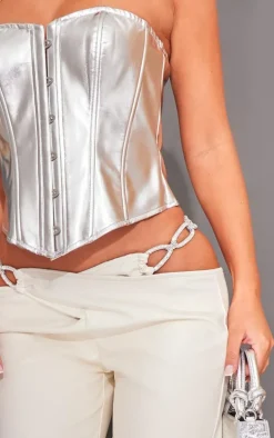 Cream Diamante Trim Faux Leather Low Rise Flares