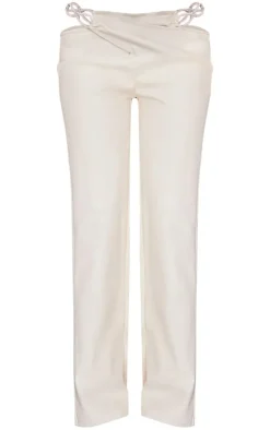 Cream Diamante Trim Faux Leather Low Rise Flares