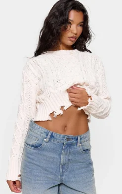 PrettyLittleThing Sweaters*Distressed Cable Knit Cropped Sweater