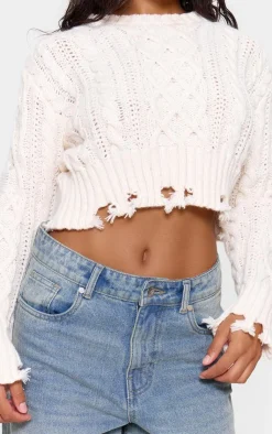 PrettyLittleThing Sweaters*Distressed Cable Knit Cropped Sweater