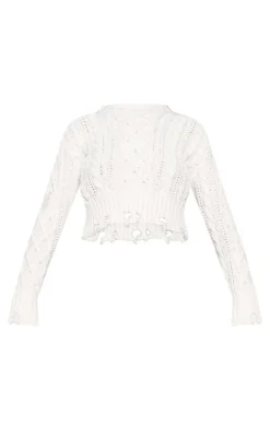 PrettyLittleThing Sweaters*Distressed Cable Knit Cropped Sweater