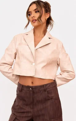 Cream Distressed Faux Leather Crop Jacket