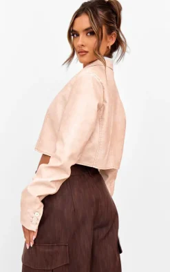 Cream Distressed Faux Leather Crop Jacket