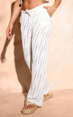 Cream Distressed Knit Drawstring Waist Pants