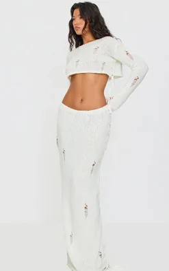 New PrettyLittleThing Distressed Knit Lace Up Flared Sleeve Cropped Sweater Cream