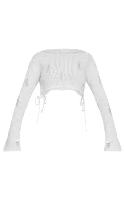 New PrettyLittleThing Distressed Knit Lace Up Flared Sleeve Cropped Sweater Cream