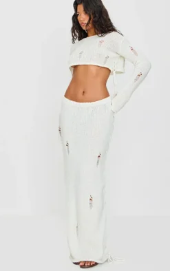 Best PrettyLittleThing Distressed Knit Side Lace Up Maxi Skirt Cream