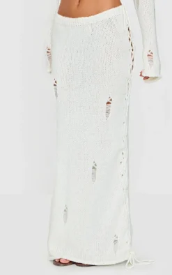 Best PrettyLittleThing Distressed Knit Side Lace Up Maxi Skirt Cream
