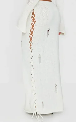 Best PrettyLittleThing Distressed Knit Side Lace Up Maxi Skirt Cream