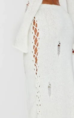 Best PrettyLittleThing Distressed Knit Side Lace Up Maxi Skirt Cream