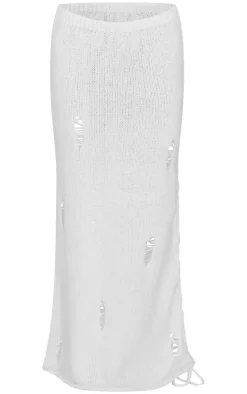 Best PrettyLittleThing Distressed Knit Side Lace Up Maxi Skirt Cream