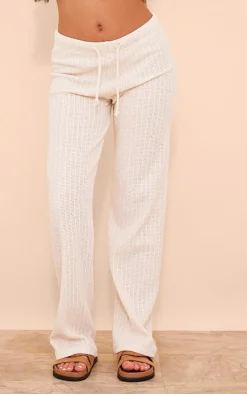 Online PrettyLittleThing Distressed Textured Rib Low Rise Drawstring Wide Leg Pants Cream