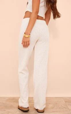 Online PrettyLittleThing Distressed Textured Rib Low Rise Drawstring Wide Leg Pants Cream