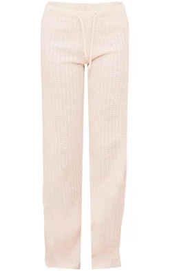 Online PrettyLittleThing Distressed Textured Rib Low Rise Drawstring Wide Leg Pants Cream