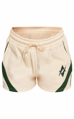 Discount PrettyLittleThing Embroidered Graphic Contrast Runner Shorts Cream