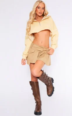 Cream Exposed Seam Zip Up Cropped Hoodie
