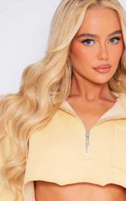 Cream Exposed Seam Zip Up Cropped Hoodie