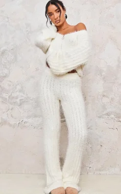 Sale PrettyLittleThing Eyelash Ladder Knit Wide Leg Pants Cream