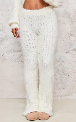 Sale PrettyLittleThing Eyelash Ladder Knit Wide Leg Pants Cream