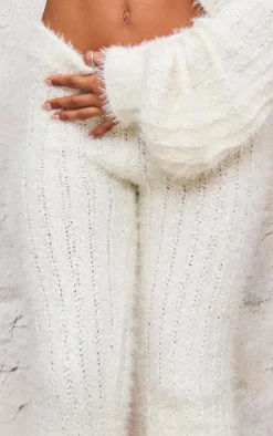 Sale PrettyLittleThing Eyelash Ladder Knit Wide Leg Pants Cream