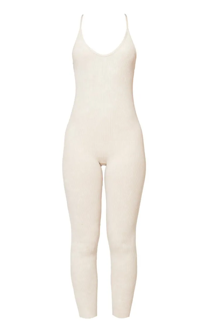 Cream Faded Snatched Rib Strappy Scoop Back Jumpsuit