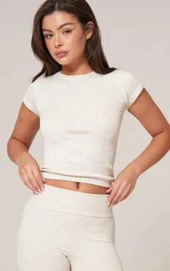 PrettyLittleThing Snatched*Faded Snatched Rib Short Sleeve Detail Crop Top