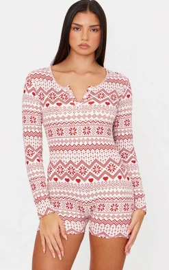 PrettyLittleThing Christmas Gifts*Fairisle Print Button Down Pajama Romper